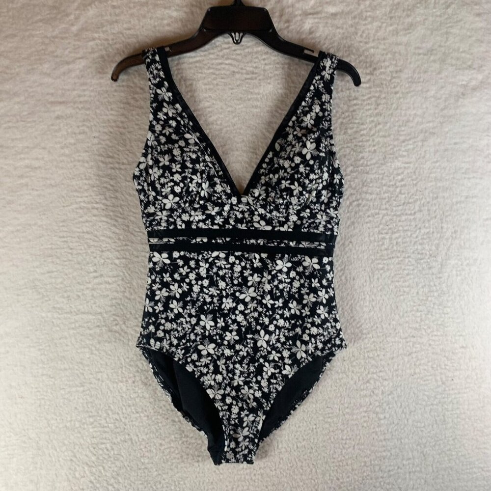 Tommy Hilfiger Women's Black Floral‎ Print V-Neck One Piece Swimsuit Size 4 NWT